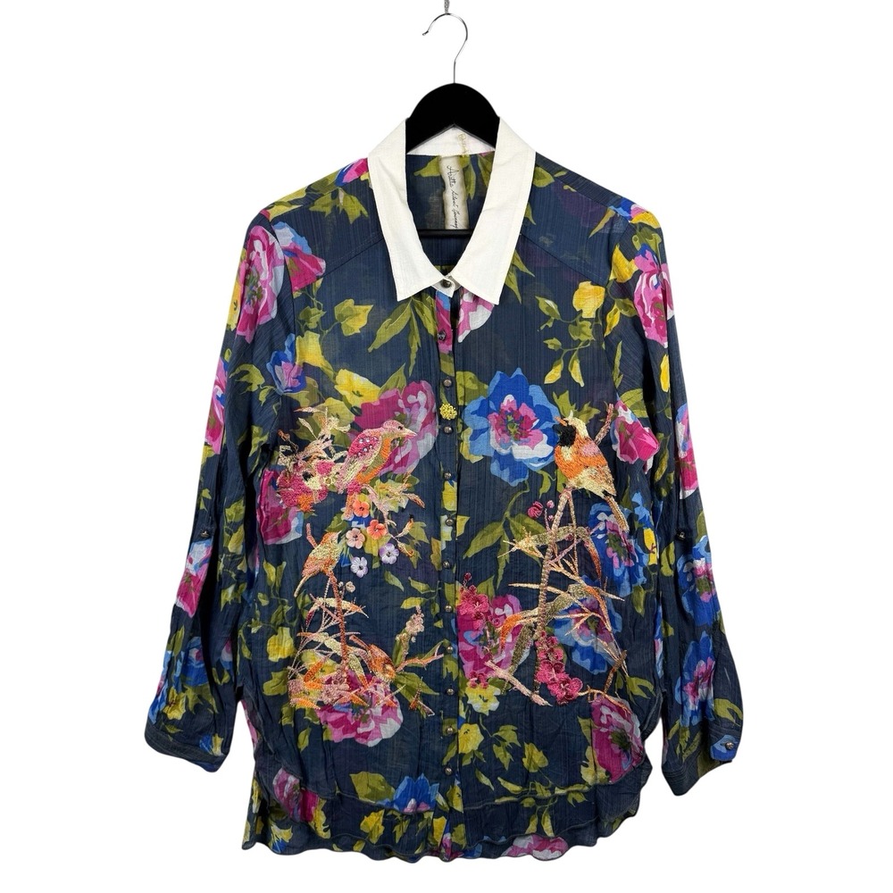 Aratta Silent Journey Ida Embroidered Floral Shirt Velvet Collar Beaded Sz S